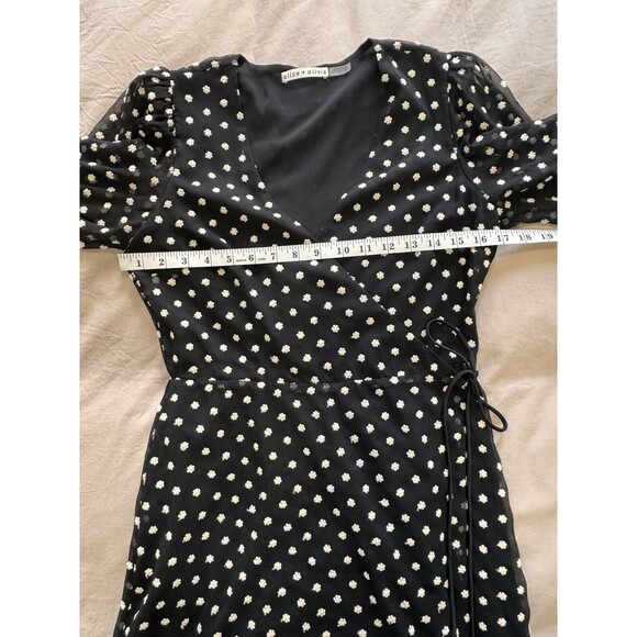 Alice + Olivia Dress Size 6 Womens Black Floral Embroidered Wrap Mini Chiffon - Picture 7 of 8
